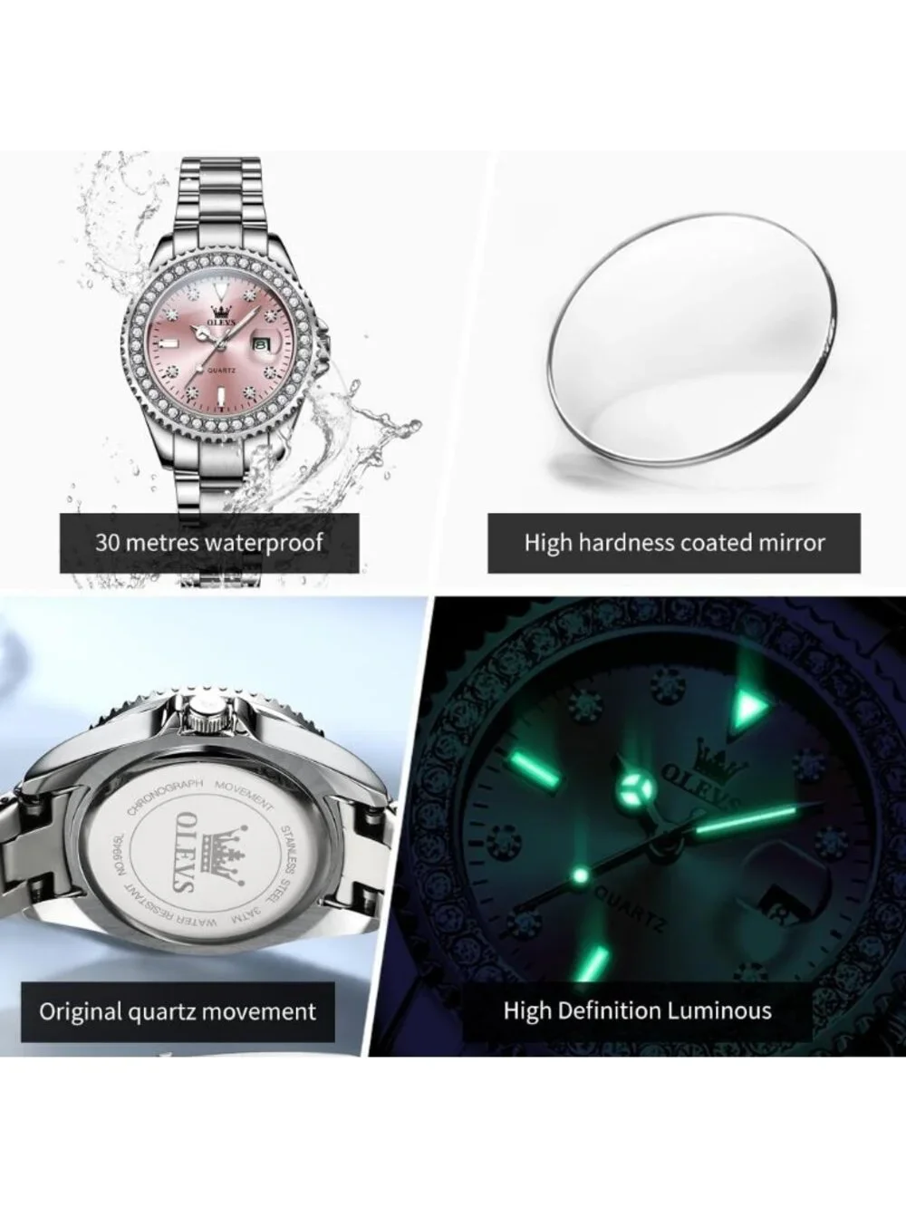 Women's Pink Luxury Diamond with Date Analog Quartz Waterproof Wrist Watch